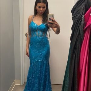 blonde nite light blue dress